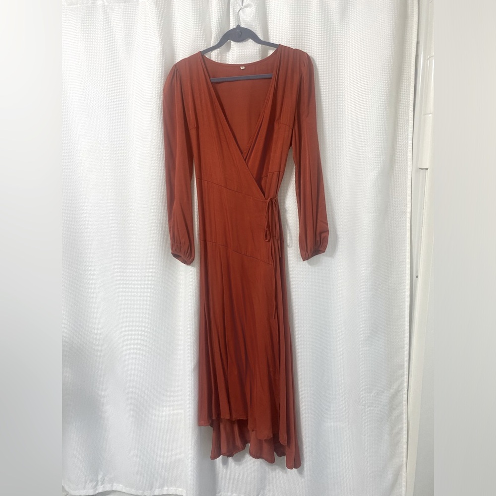 Burnt orange long sleeve wrap dress. Size large
